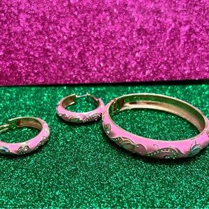 Pink Bangle cloisonné clamper bracelet with Rhinestone Accents & Earrings